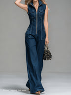 Spring/Summer/Autumn Vintage Denim Jumpsuit, Sleeveless Design, Wide-Leg Pants Style, and Figure-Flattering, Printed Legging (Not Jeans) - Blue