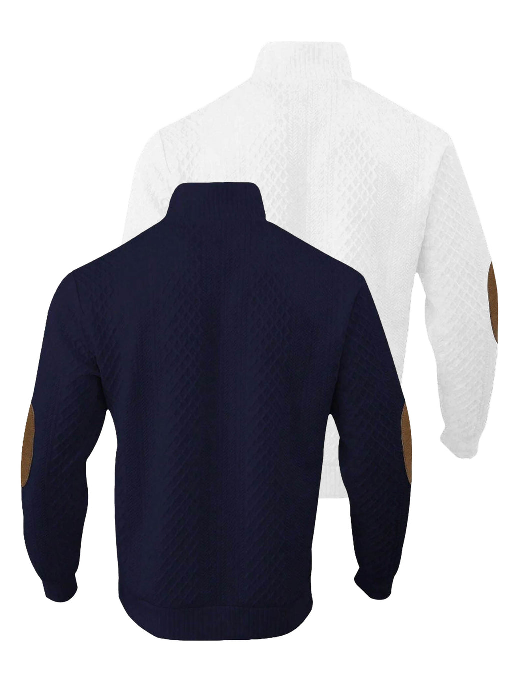 2pcs Men's Stand Collar Jacquard Knit Henley Shirts, Mature Vintage High Neck Pullover Polo, Random Texture Color-Block Collar Jacquard Patchwork Design, Suitable for Outdoor Casual Sports Wear, Ideal as Men's Birthday Gift, Outdoor Clothing - White+Navy Blue