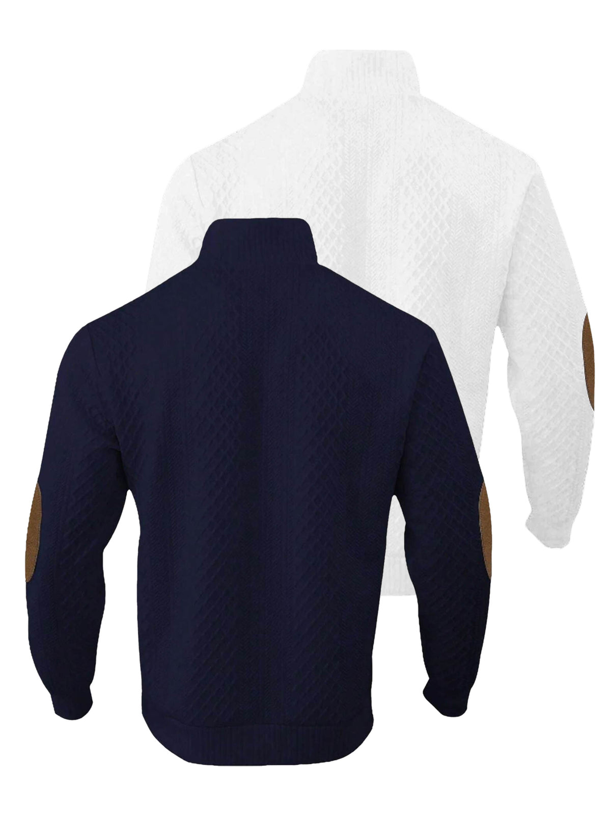 2pcs Men's Stand Collar Jacquard Knit Henley Shirts, Mature Vintage High Neck Pullover Polo, Random Texture Color-Block Collar Jacquard Patchwork Design, Suitable for Outdoor Casual Sports Wear, Ideal as Men's Birthday Gift, Outdoor Clothing - White+Navy Blue