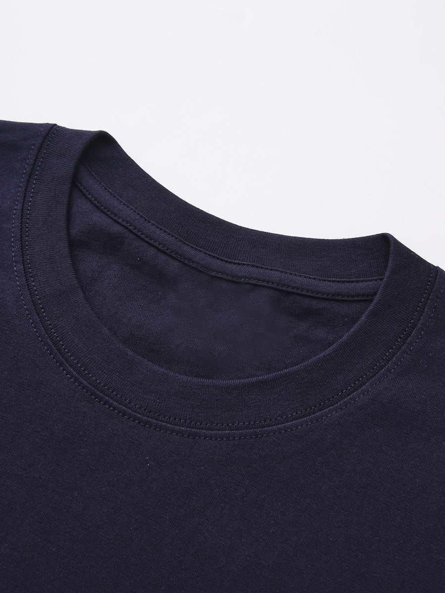 Men's New Style Pure Cotton Short Sleeve Crew Neck T-Shirt with Peony Flower Print, Casual, Comfortable, Soft, and Breathable, a Summer Essential - Navy Color