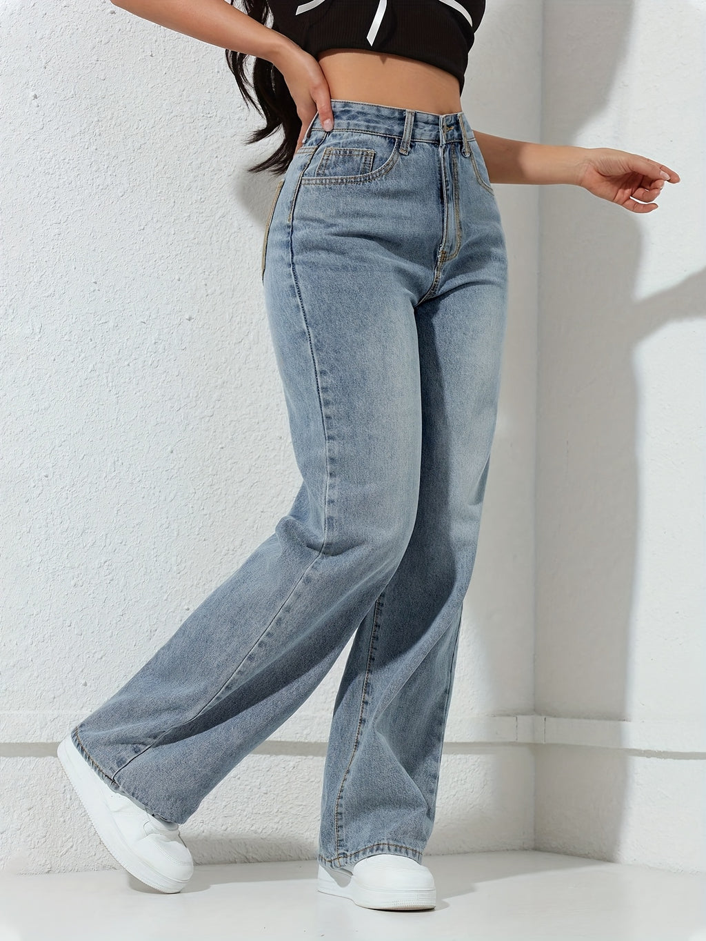 ' Light Blue Straight-Leg Pants - Elastic Waist & Washed Detailing, Solid Light Blue Trousers Suitable for - Wear, Machine Washable Elegant Casual & Dressy Outfits - Light Blue