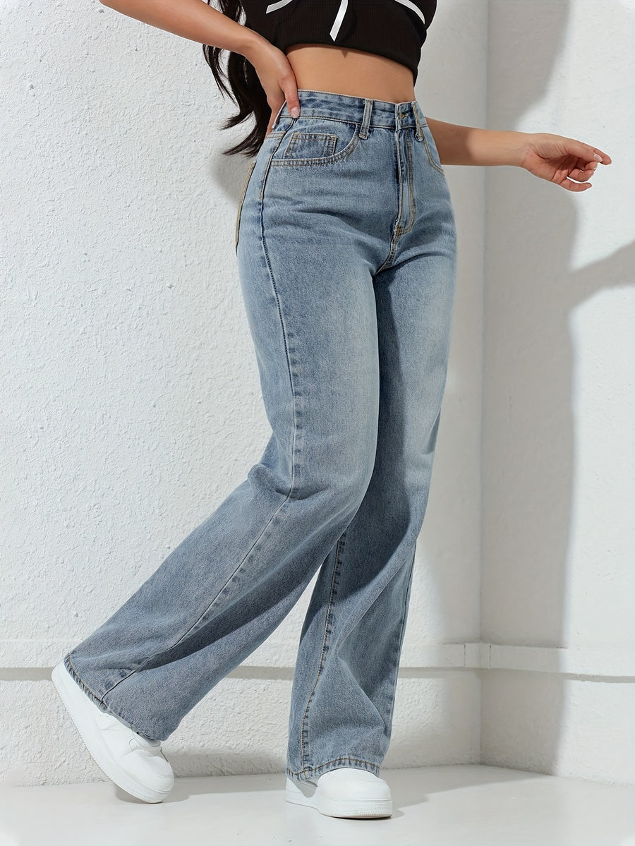' Light Blue Straight-Leg Pants - Elastic Waist & Washed Detailing, Solid Light Blue Trousers Suitable for - Wear, Machine Washable Elegant Casual & Dressy Outfits - Light Blue