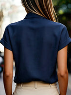 Spring and Summer Korean Style Easy V-Neck Ruffled Sleeve Shirt - Navy Color