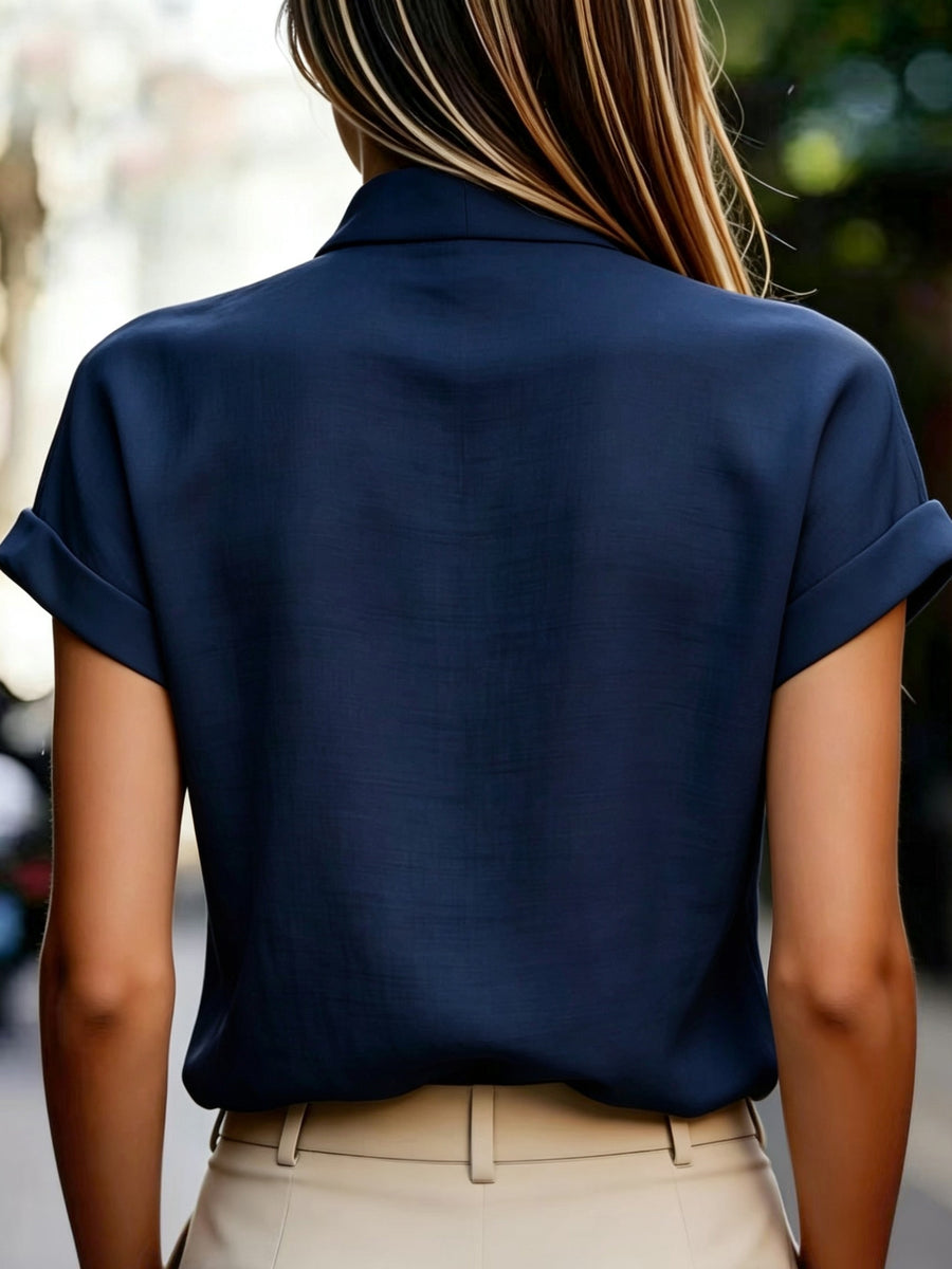 Spring and Summer Korean Style Easy V-Neck Ruffled Sleeve Shirt - Navy Color