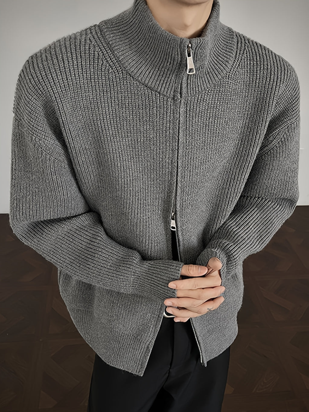 Men'S Fashion High-Weight Solid Color Casual Sweater Cardigan, Loose Fit. Suitable for Autumn Winter Daily Casual Wear, Knit - Grey