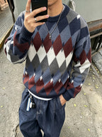 New Autumn/Winter Men's Daily Casual Plaid Pattern Crew Neck Sweater, Loose Fit High Street Knit Top - Blue