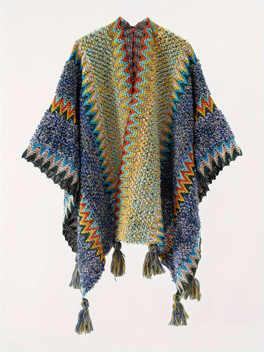 Tassel Striped Hollow-Out Airplane Blanket Cape Unisex Travel Coat - Sea Blue