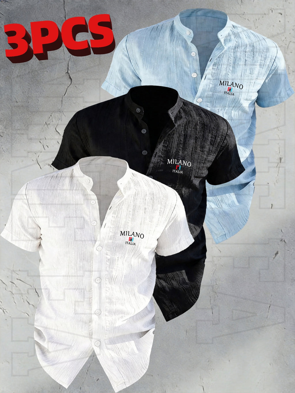 Josh Rose OBOM | Lightweight and Breathable Solid-color Button- Shirt with Geometric Pattern, Featuring a Simple Stand-up Collar Design. Suitable for Beach Vacations, Pool Parties, and Casual Wear. Comfortable and Simple for Daily Outings - White+Black+Sky Blue