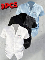 Josh Rose OBOM | Lightweight and Breathable Solid-color Button- Shirt with Geometric Pattern, Featuring a Simple Stand-up Collar Design. Suitable for Beach Vacations, Pool Parties, and Casual Wear. Comfortable and Simple for Daily Outings - White+Black+Sky Blue