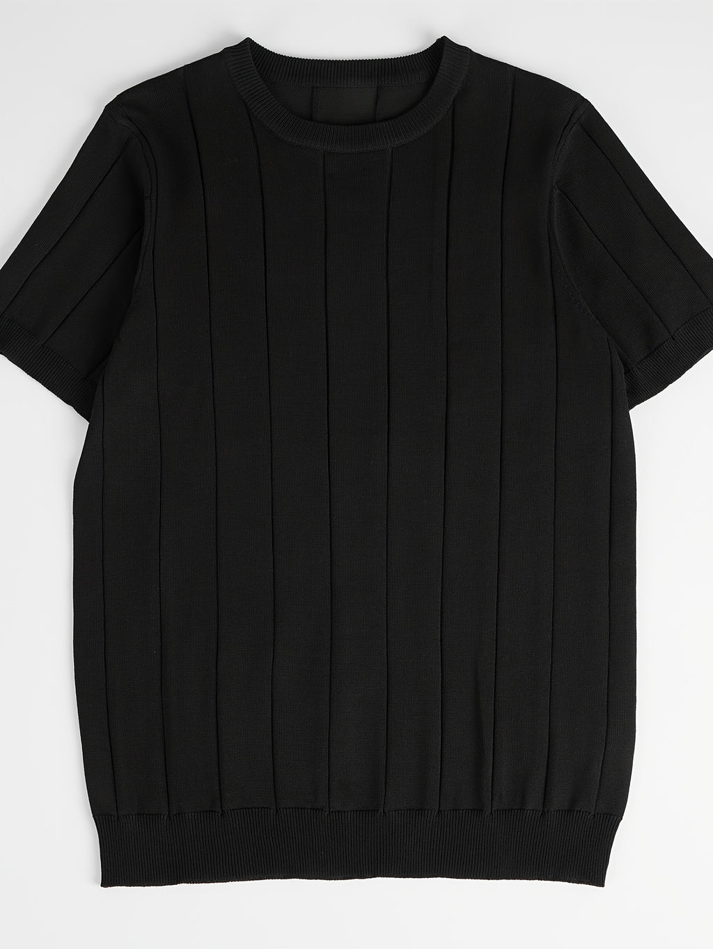 Men'S Stylish And Versatile Solid Color Round Neck Sweater with Ribbed Design, Short-Sleeved for Summer Casual Wear, Knit - Black