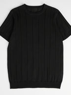 Men'S Stylish And Versatile Solid Color Round Neck Sweater with Ribbed Design, Short-Sleeved for Summer Casual Wear, Knit - Black