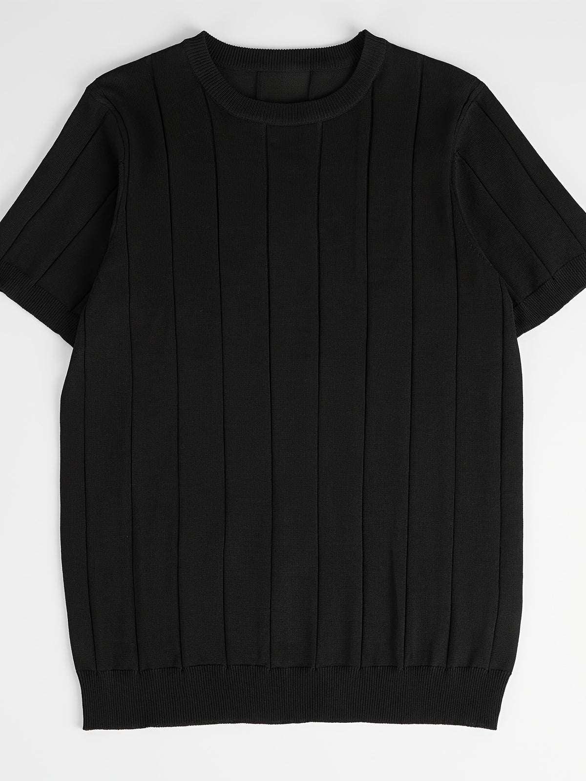 Men'S Stylish And Versatile Solid Color Round Neck Sweater with Ribbed Design, Short-Sleeved for Summer Casual Wear, Knit - Black