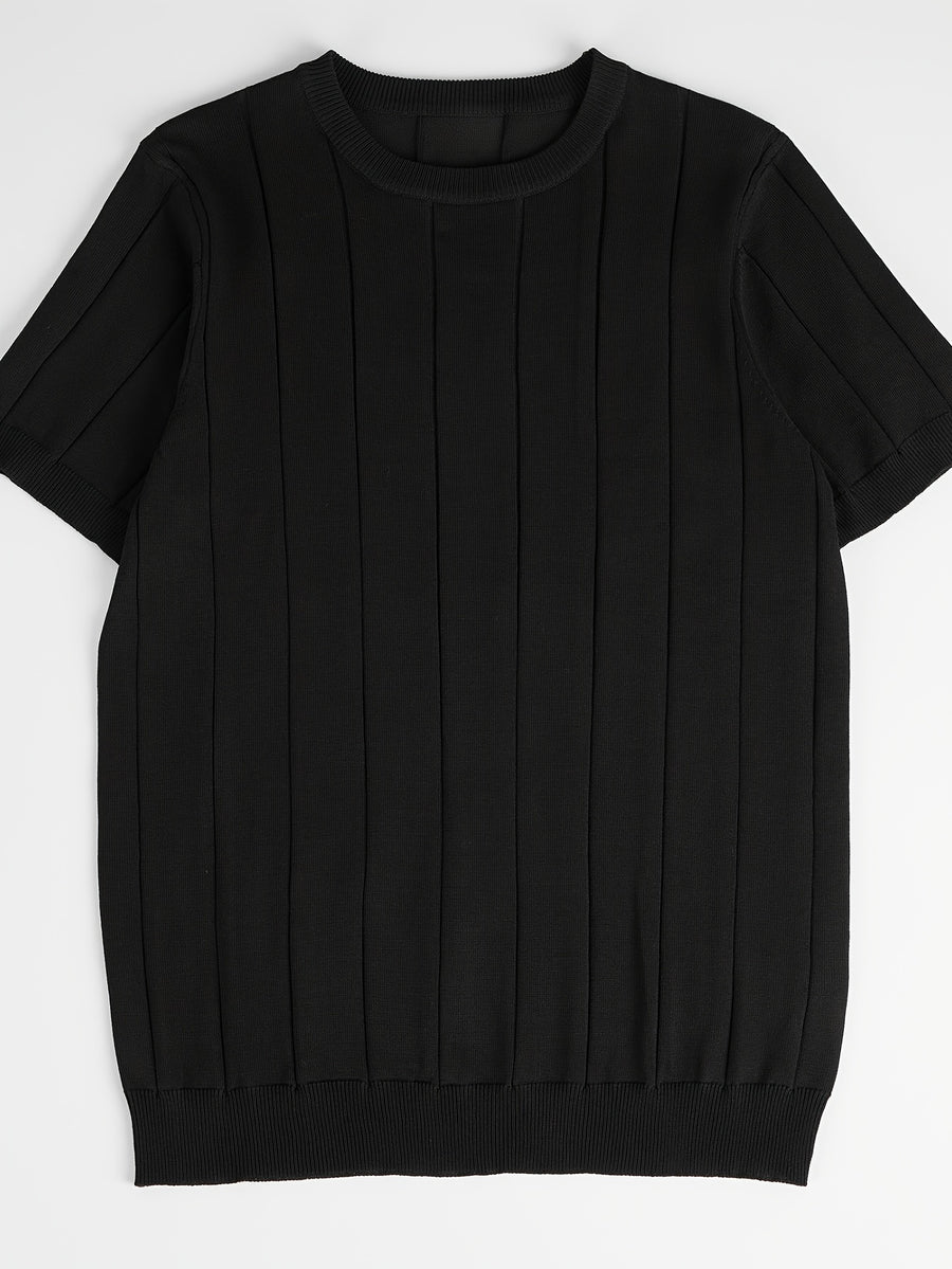 Men'S Stylish And Versatile Solid Color Round Neck Sweater with Ribbed Design, Short-Sleeved for Summer Casual Wear, Knit - Black