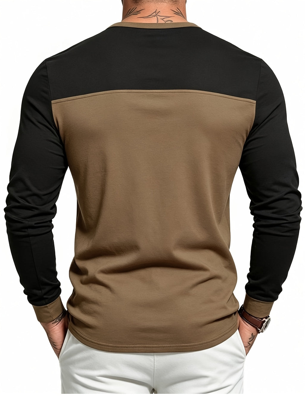 Men's Long Sleeve Henley T Shirt, Color Block Button Placket Pullover Top Loose Fit Casual Tee, Workout Sports Daily Commute Fall Mens Clothing - Black Brown