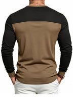 Men's Long Sleeve Henley T Shirt, Color Block Button Placket Pullover Top Loose Fit Casual Tee, Workout Sports Daily Commute Fall Mens Clothing - Black Brown