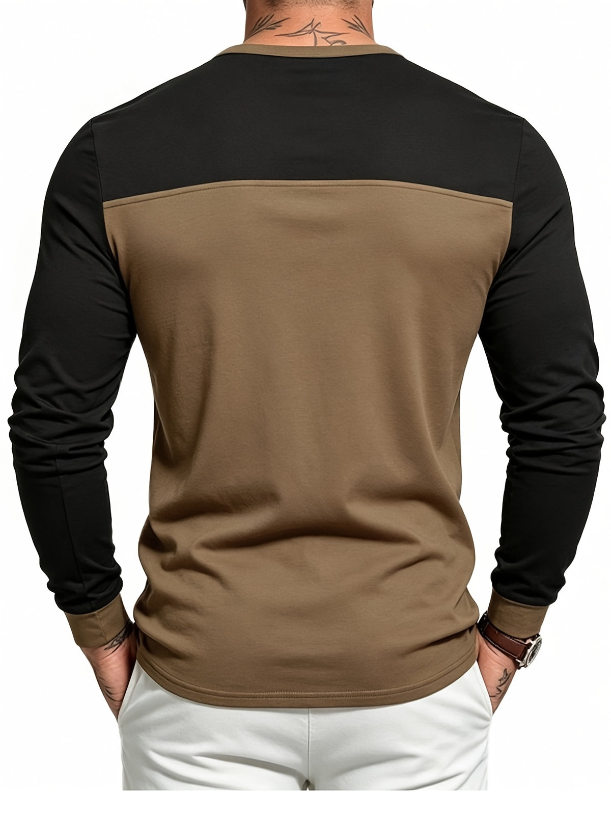 Men's Long Sleeve Henley T Shirt, Color Block Button Placket Pullover Top Loose Fit Casual Tee, Workout Sports Daily Commute Fall Mens Clothing - Black Brown