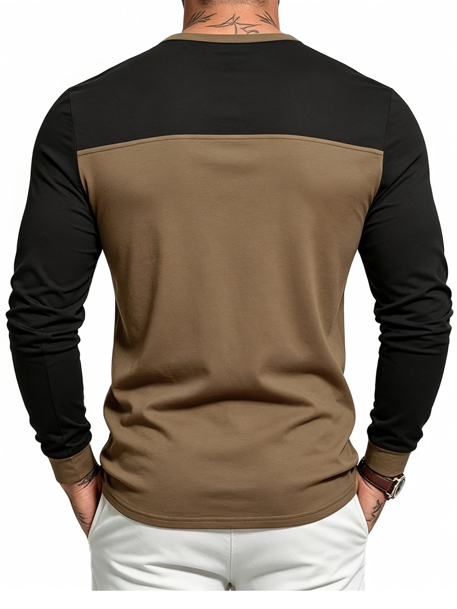 Men's Long Sleeve Henley T Shirt, Color Block Button Placket Pullover Top Loose Fit Casual Tee, Workout Sports Daily Commute Fall Mens Clothing - Black Brown