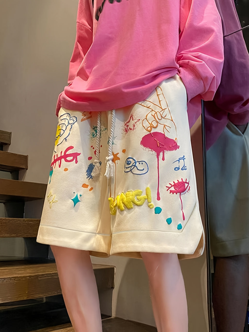 Printed Foam Process Graffiti Sports Shorts Women's Summer New Dopamine Loose Slimming Casual Straight Five-Pocket Trendy Youth American Style Breathable Versatile Joggers Unisex - Apricot
