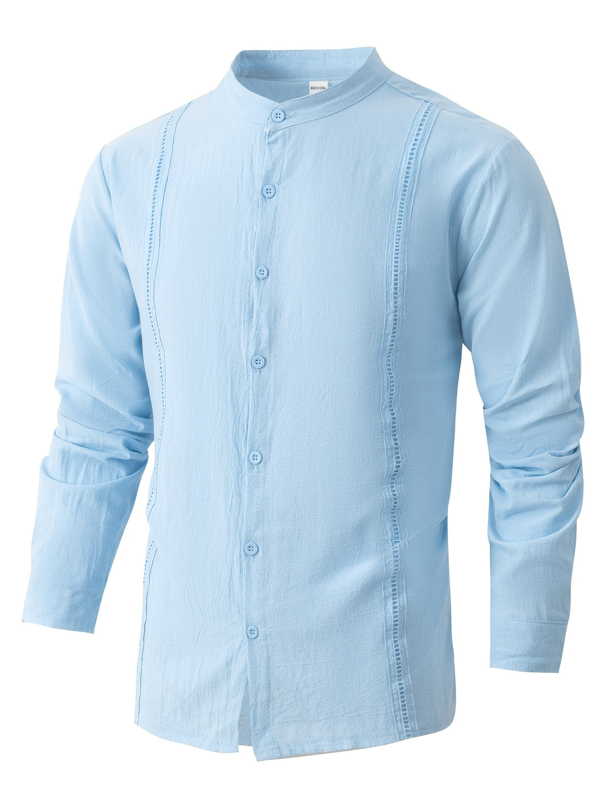 [Mai Qiqi OBM] Men'S Beach Vacation Shirt Stand-Up Collar Linen Lace Texture Long-Sleeved Top Light And Breathable Summer Vacation Outfit - Light Blue