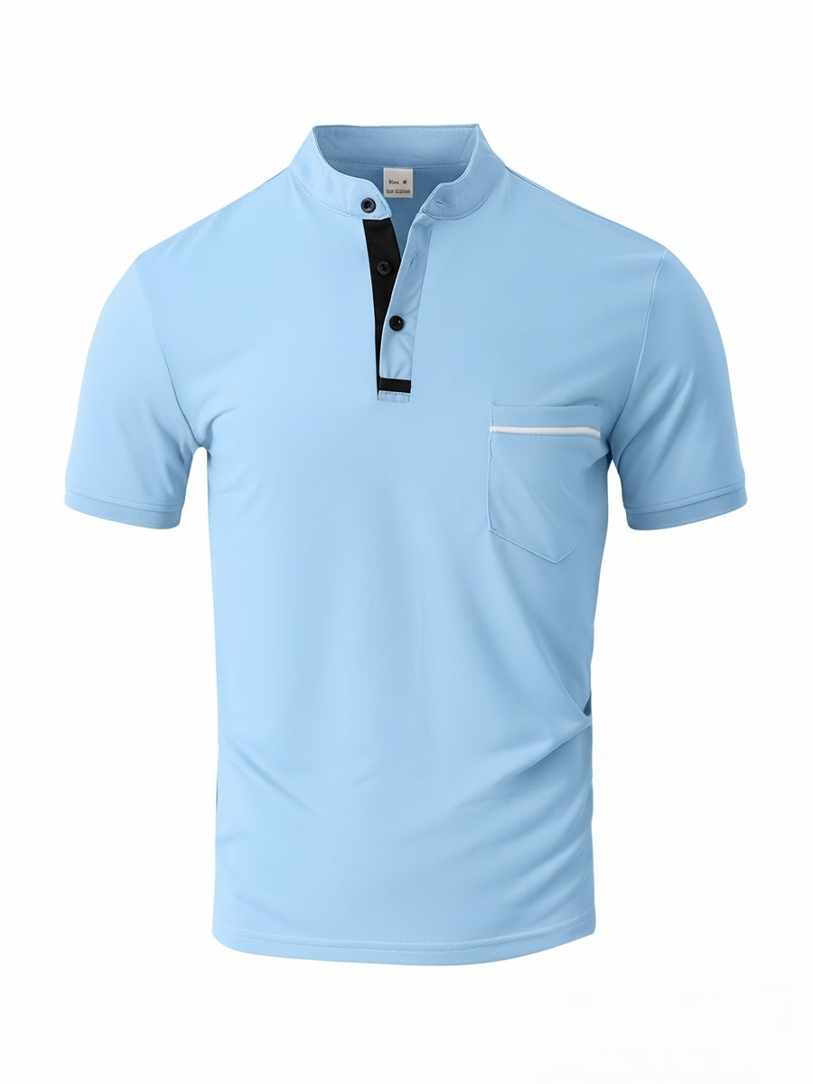 [Josh May OBM] 4pcs Set, Solid Color Stand-Up Collar Henley Shirts, Breathable Quick-Dry Casual Shirts, Lightweight Stretch, No Ironing Required, Durable And Wearable, Button-Up Design, Suitable for Summer Office, Yacht Wear, Casual Attire - Black+White+Light Blue+Wine Red