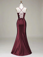Women's Solid Color Satin Slip Dress with High Slit, Back Tie Waist, Cinched Fit, Pleated Details, and Hip-Hugging Design, Elegant for New Year's, Valentine's Day, Parties, Graduations, Weddings, and Bridesmaid Attire - Maroon