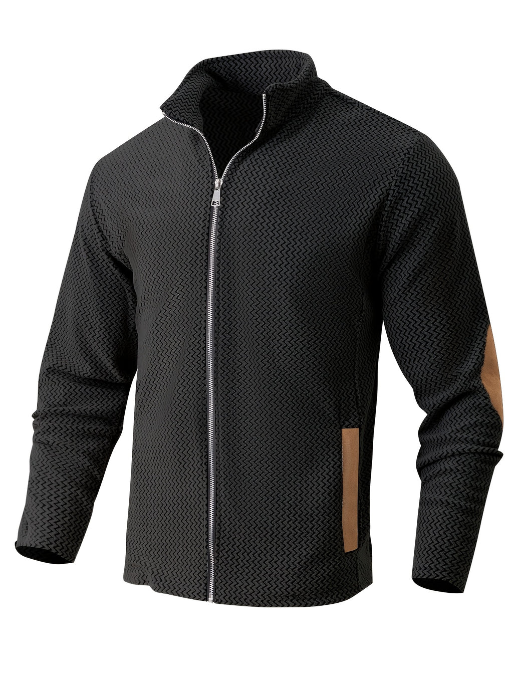 Men's Full-Zip Jacket with Herringbone Patchwork Collar & Stand Collar - Loose Fit Winter Coat, Zippered Outerwear Suitable for Fall/Winter, Machine Washable Warm Jacket for Casual Wear and Layering - Black