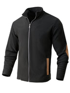 Men's Full-Zip Jacket with Herringbone Patchwork Collar & Stand Collar - Loose Fit Winter Coat, Zippered Outerwear Suitable for Fall/Winter, Machine Washable Warm Jacket for Casual Wear and Layering - Black