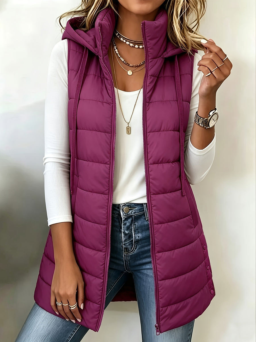 Autumn/Winter Women's Fashion Casual Stand Collar Hooded Vest Padded Coat Warm Outerwear - Deep Red