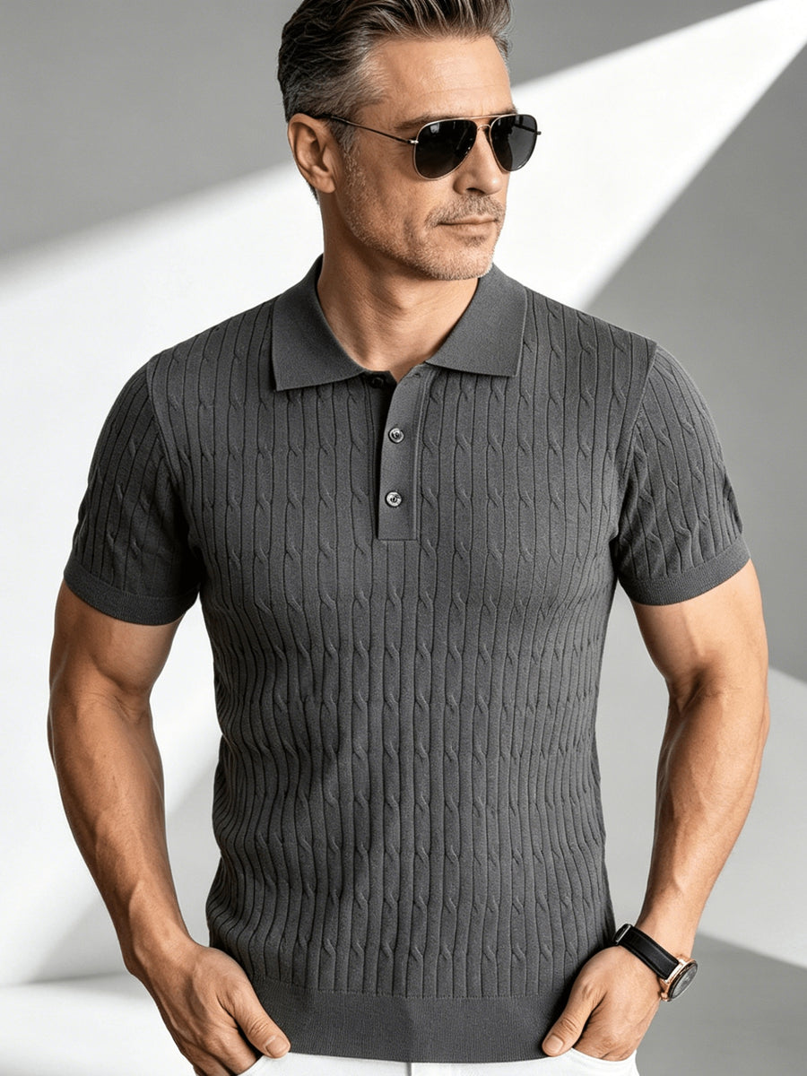 Business-mature Casual Men's Vertical Stripe Twisted Cable Knit Lapel Short-sleeve Polo Shirt, Slim-fit Lightweight Breathable Knit Top, Suitable for Daily, Office, and Weekend Outings in Summer - Grey