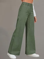 Women'S Olive Green High-Waist Stretch Casual Jeans | Comfortable, Elastic Waist, Straight Leg, Solid Color, Pocketless, Suitable for Casual And Commuting - Olive Green