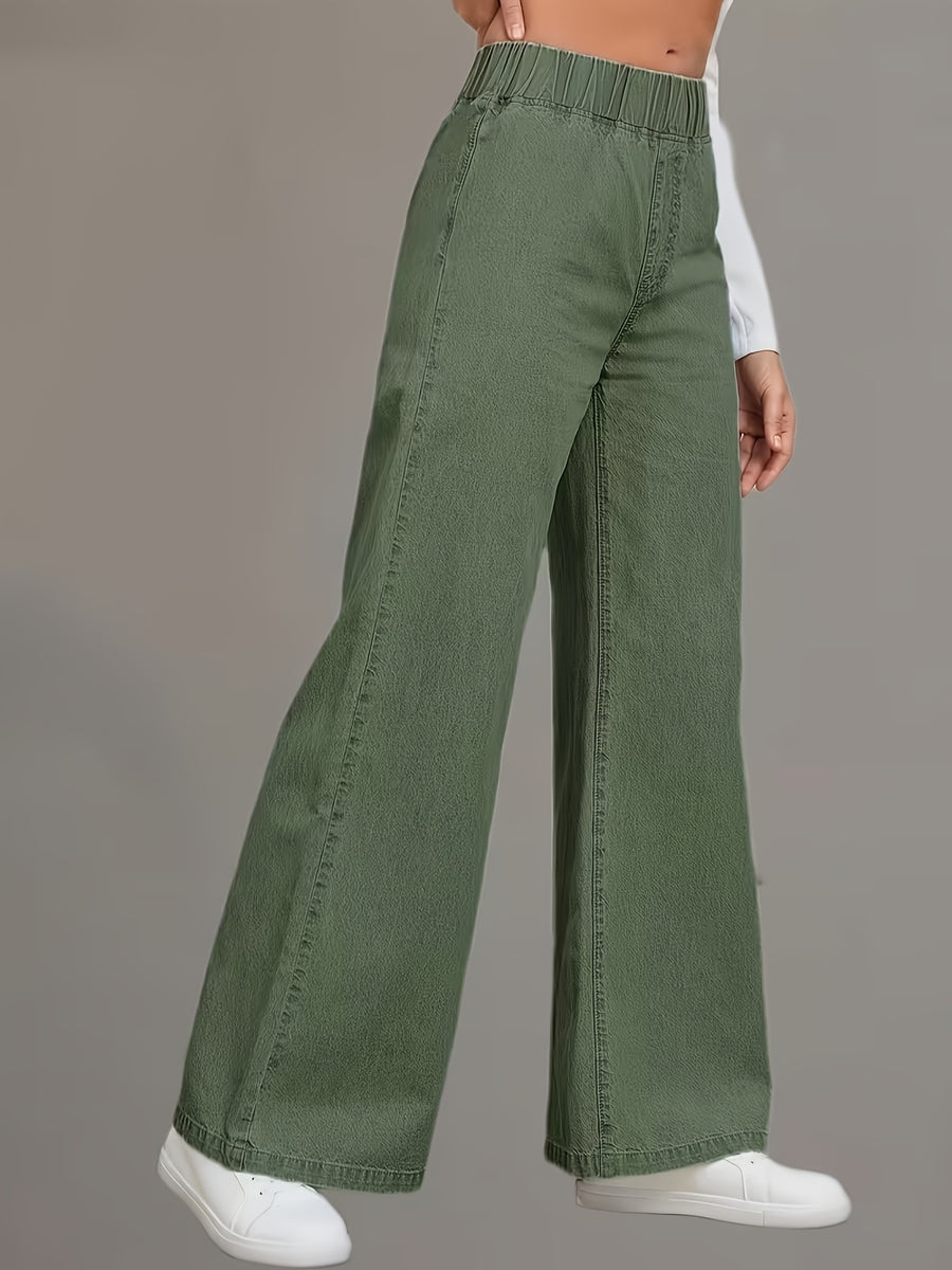 Women'S Olive Green High-Waist Stretch Casual Jeans | Comfortable, Elastic Waist, Straight Leg, Solid Color, Pocketless, Suitable for Casual And Commuting - Olive Green