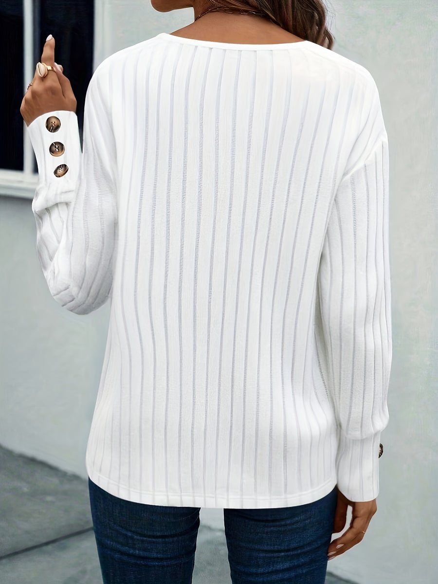 Ribbed Casual V-Neck T-Shirt - White