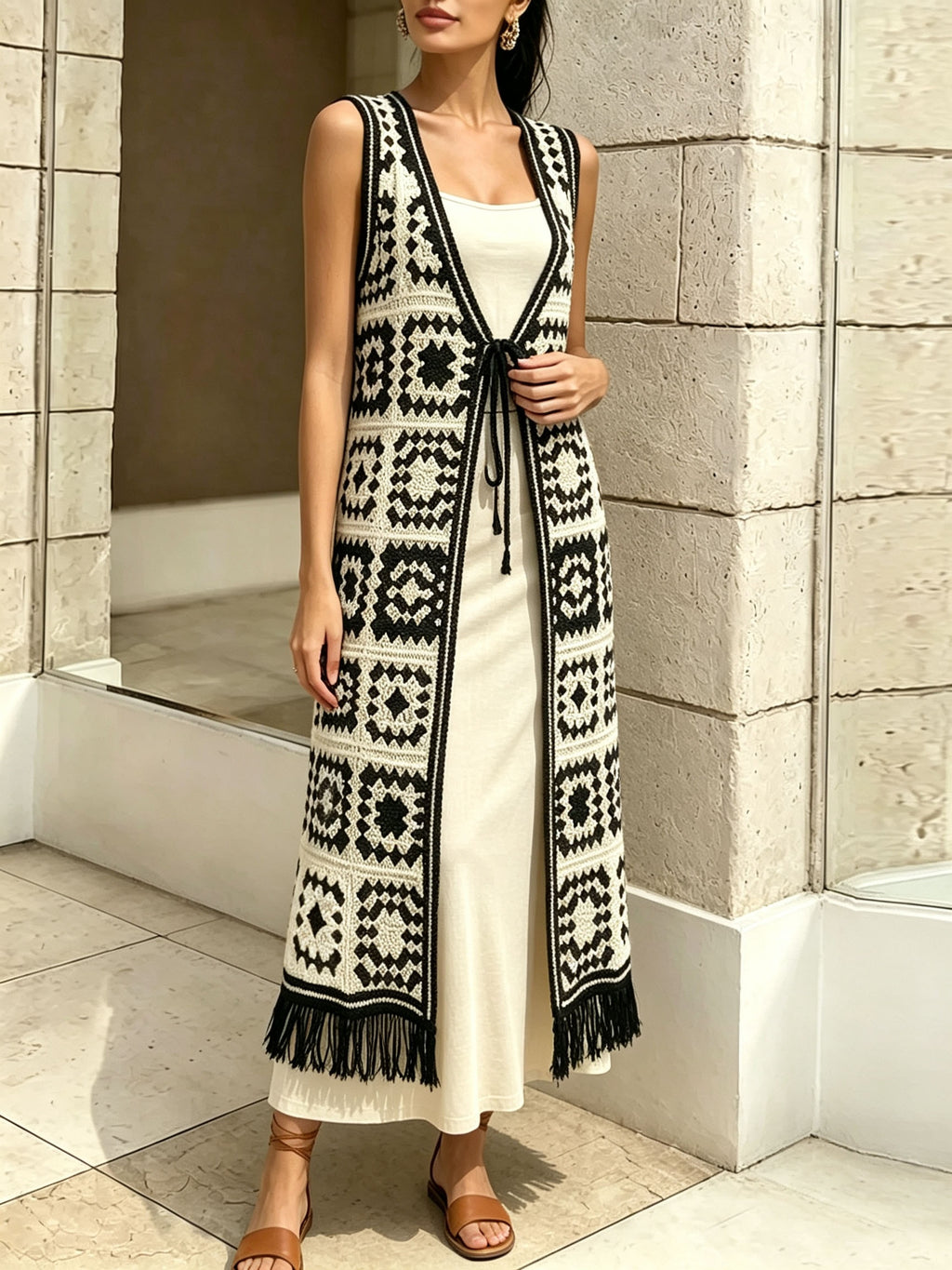 Women's Black and White Color Block Granny Square Check Pattern Crochet Long Vest with Fringe Hem, Vacation Style, Daily Casual, Layering Look - Black