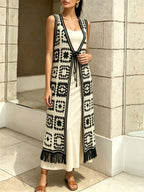 Women's Black and White Color Block Granny Square Check Pattern Crochet Long Vest with Fringe Hem, Vacation Style, Daily Casual, Layering Look - Black