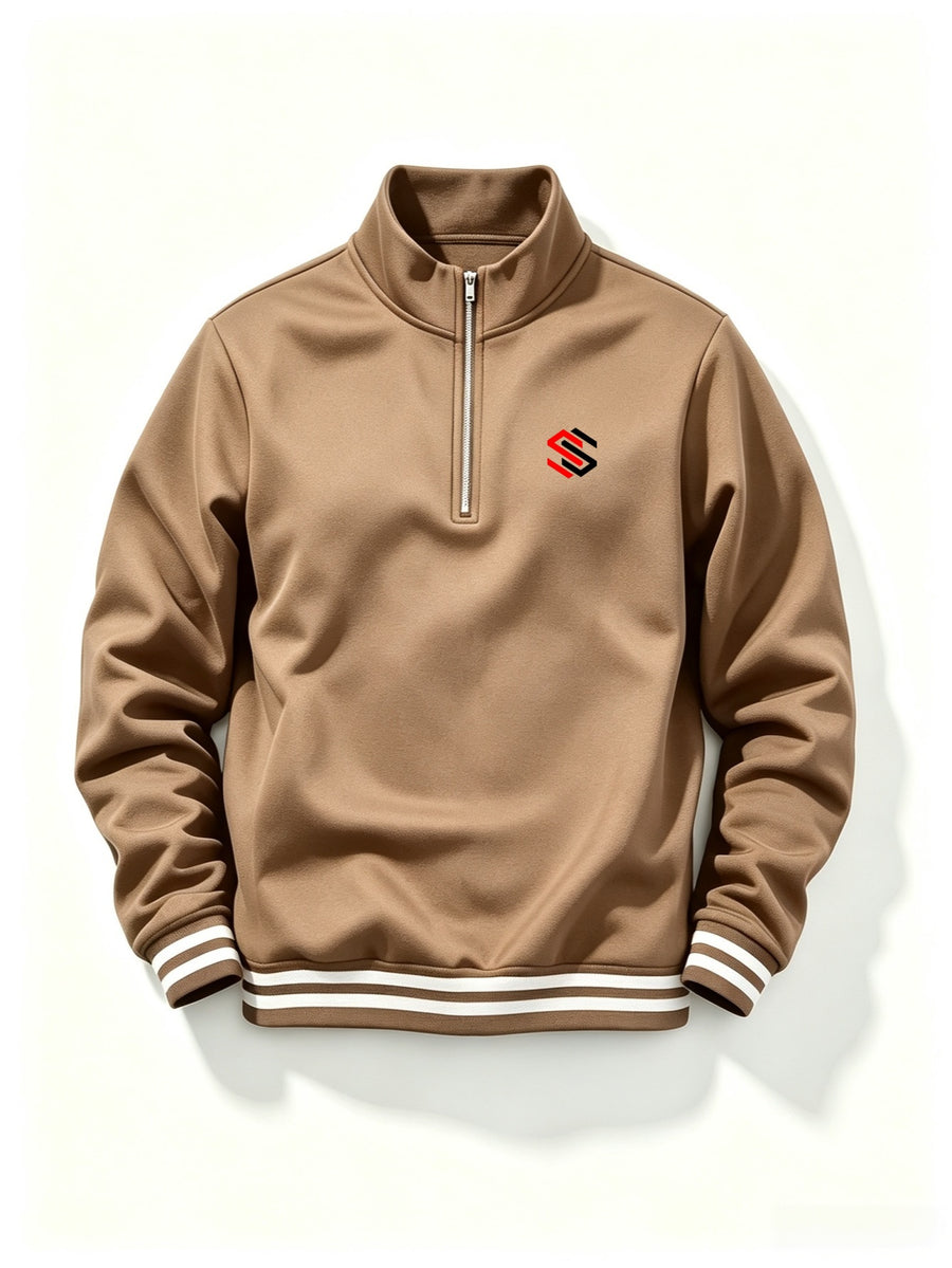 Men'S Half-Open Collar Mid-High Neck Sweatshirt, Contrast Geometric S Logo Print Striped Ribbed Hem Loose Athletic Pullover Top, Suitable for Commute And Casual Wear - Khaki