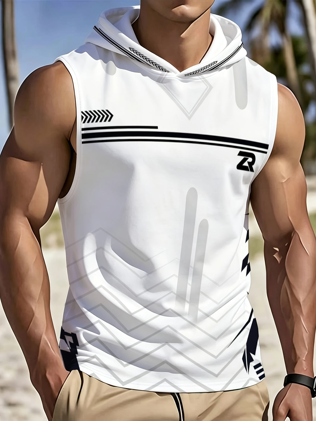 Men's Sports Hooded Sleeveless Top with Stylish Black and White Pattern Design Breathable and Comfortable Suitable for Fitness Training Daily Wear Trendy Personality Sports Clothing - Mixed colors
