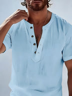 Men'S Stylish Polo Collar Linen Breathable Comfortable Casual Short-Sleeve Shirt - Sky Blue