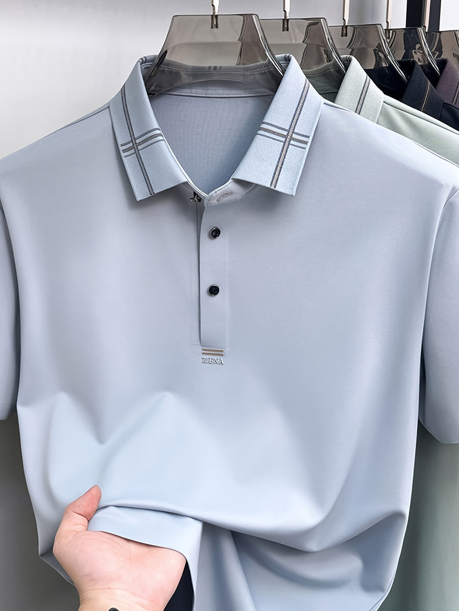 Men's Summer Polo Shirt with Plaid Contrast Collar, Seamless Construction for a Restrictive-Free Feel, a Comfortable Choice for Summer Commuting, Outdoor Activities, and Business Meetings - SINBOS - Light Blue