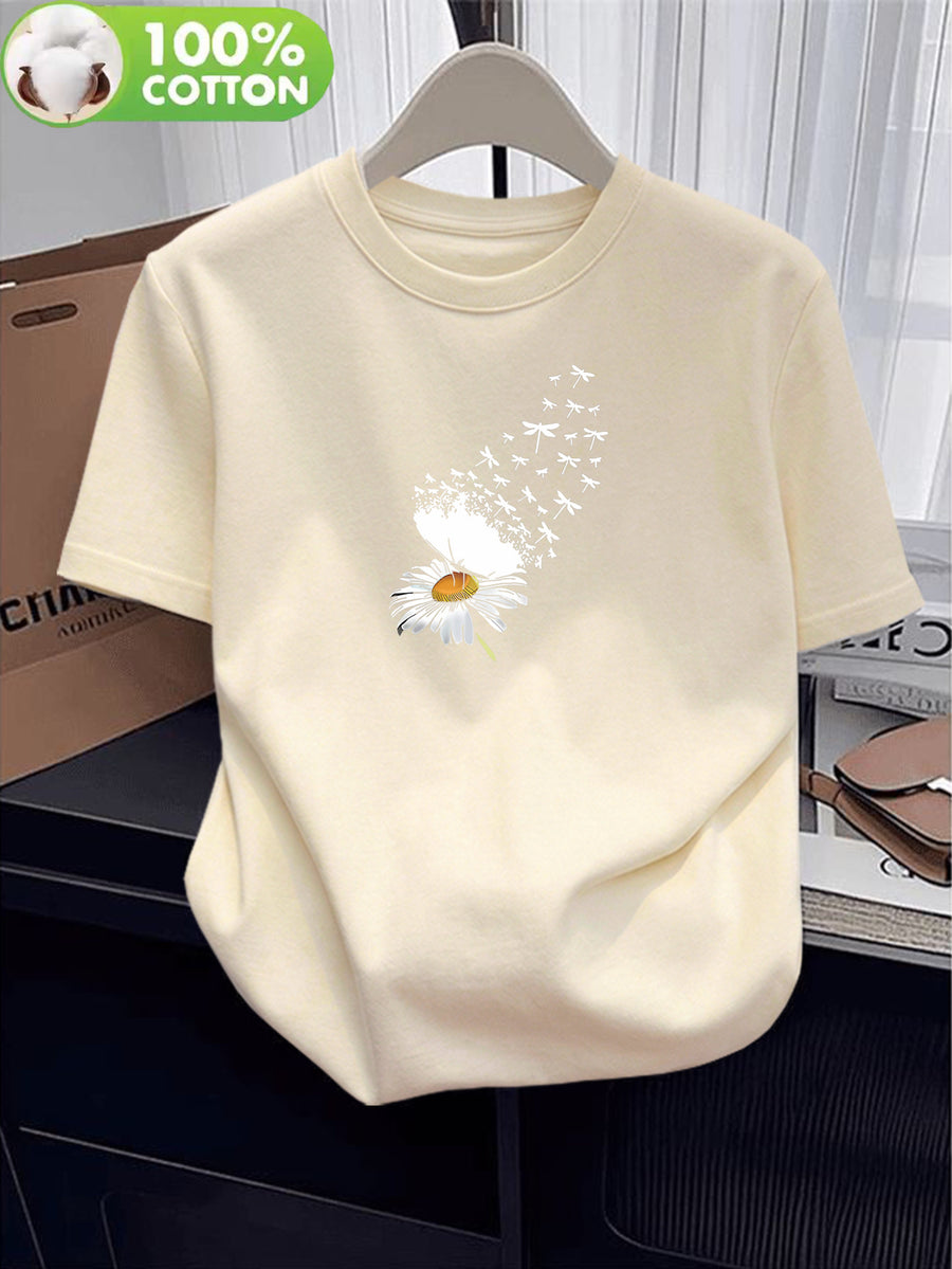 100% Women's T-Shirt, Summer Short Sleeve Lightweight Top, Trendy and Fashionable Standard Fit, Loose, Breathable, Versatile,, Fresh Little Daisy Pattern with Flying Bird Element, Simple and Artistic Design - Apricot