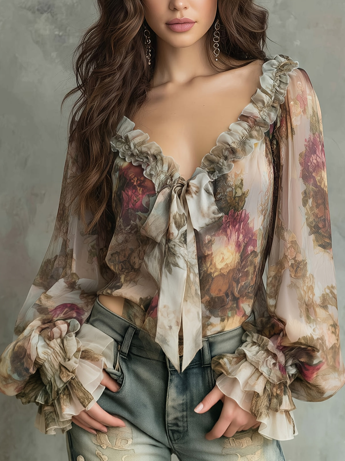 2026 New Romantic Floral Chiffon Blouse V-Neck Tie-Front Shirt Ruffled Trim Printed Top Watercolor Floral Top French Vintage Style Blouse Daytime Date Elegant Shirt Spring Summer Casual Top Commute Fashion Outfit - Paired with Jeans Picnic Or Cafe W - Multicolor