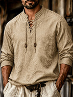 Men'S Vintage-Style Long-Sleeve Shirt with Tie Details - Medieval Style, Breathable And Machine Washable, Suitable for Spring And Summer Outdoor Activities. Men'S Vintage Tie-Front Shirt, Suitable for Renaissance, Viking, And Medieval Costumes - Khaki