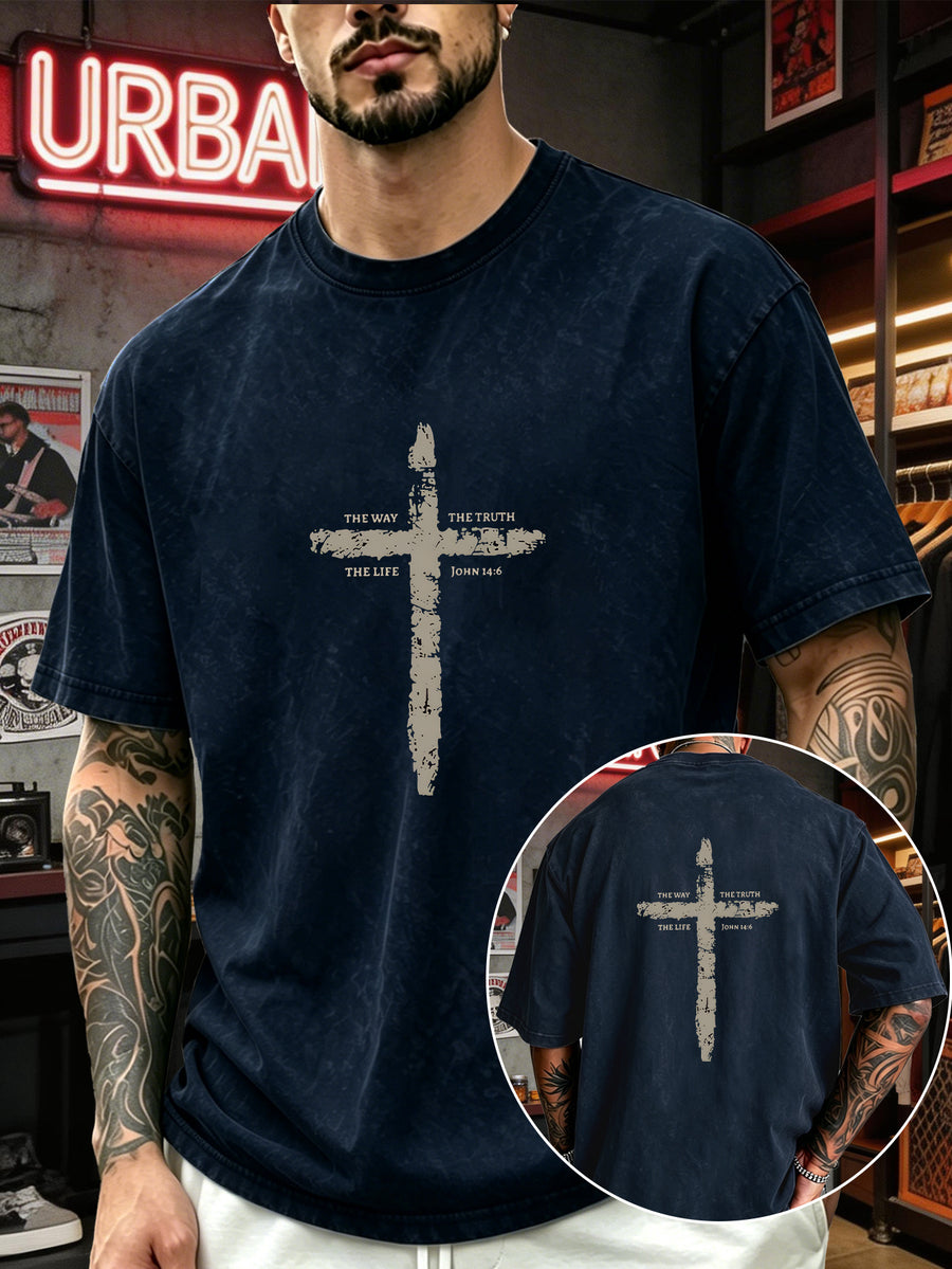 Men's Heavyweight T-Shirt Washed Distressed Fashion Print 2026 Summer New Urban High Street Hiphop Style Vintage Acid Wash Casual Gym Workout Top Pure Cotton Breathable Base Shirt - Navy Color