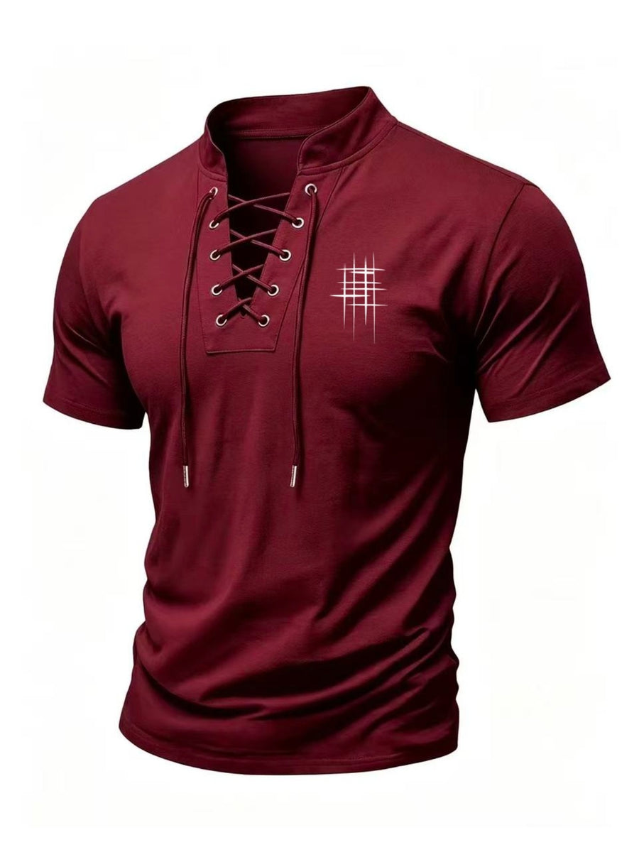 Men's Henry Neck Cross-Strap Short Sleeve T-Shirt with Mesh Line Print, Soft and Comfortable Fabric, American Trendy Design, Suitable for Dating, Commuting, and Casual Occasions, Creating a Clean, Casual, and Refreshing Look - Burgundy