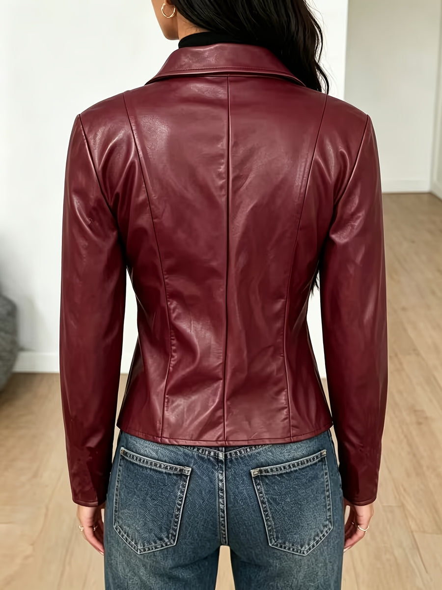 Women'S Elegant Fashion Casual Solid Color Zipper PU Jacket Slim Fit Short Jacket Top - Burgundy