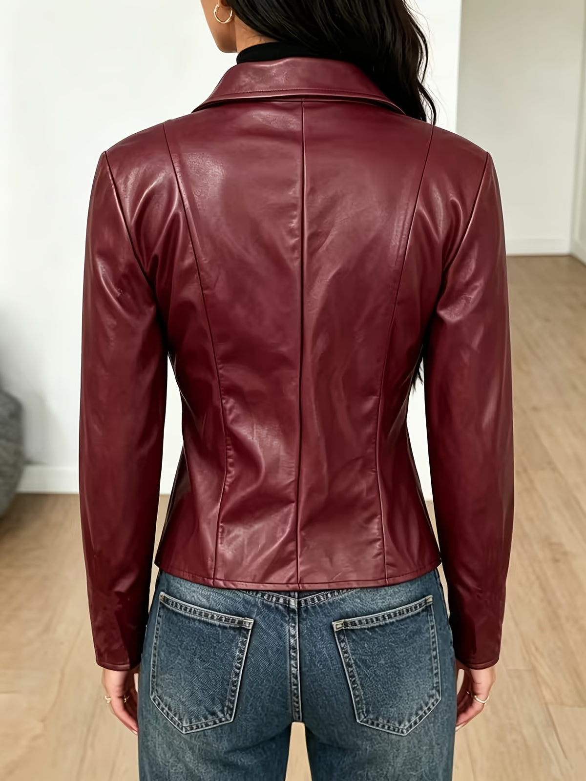 Women'S Elegant Fashion Casual Solid Color Zipper PU Jacket Slim Fit Short Jacket Top - Burgundy