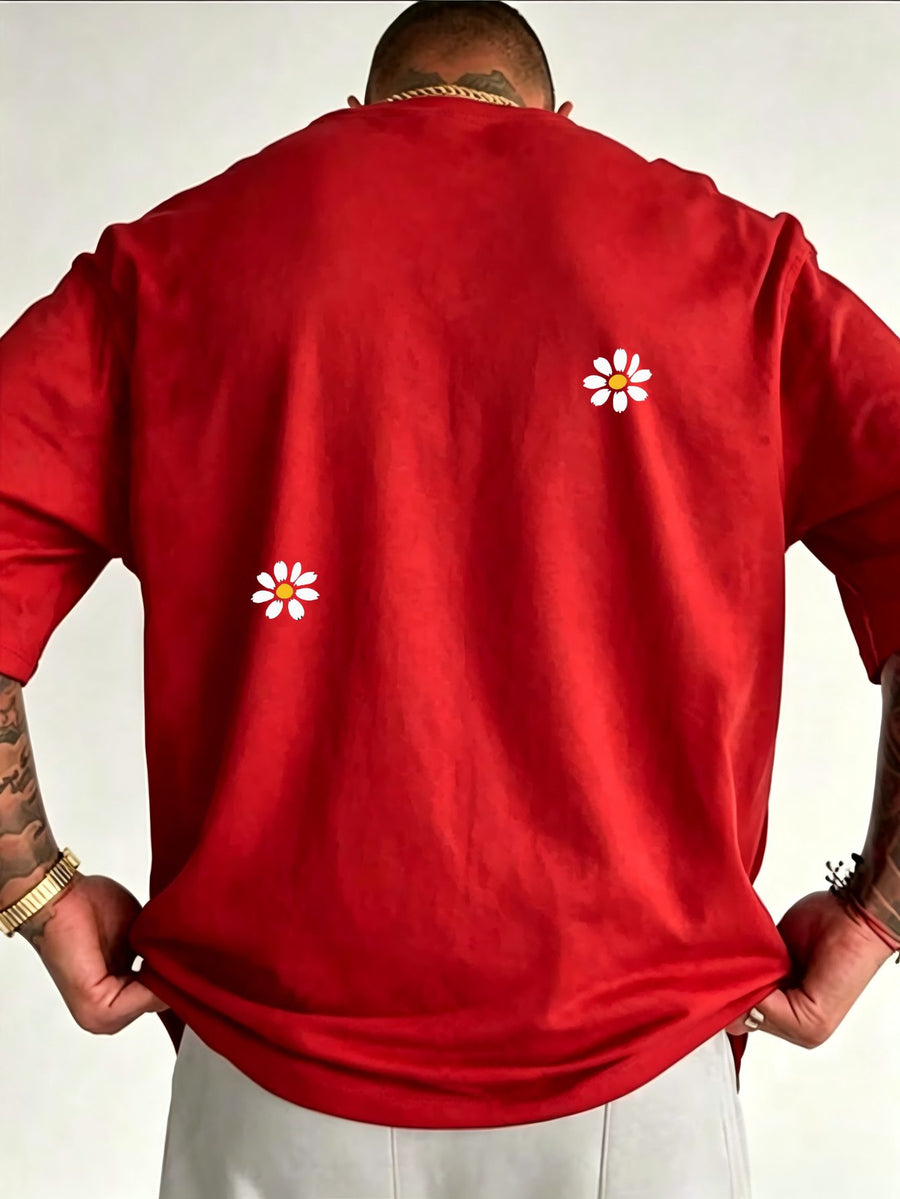Men'S T-Shirt, Loose Fit Design with Small Daisy Patterns on Back, Easy Fresh Style for Casual Wear, Short Sleeve And Breathable, Ideal for Spring And Summer, Minimalist Aesthetic - Red