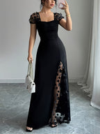 Women's Elegant A-Line Wedding Bridesmaid Dress with Tulle Panel & Waist-Cinched Bodice - Square Neck Tailored Dress Suitable for Prom, Parties, Special Occasions, Machine Washable Long-Length Dress - Black