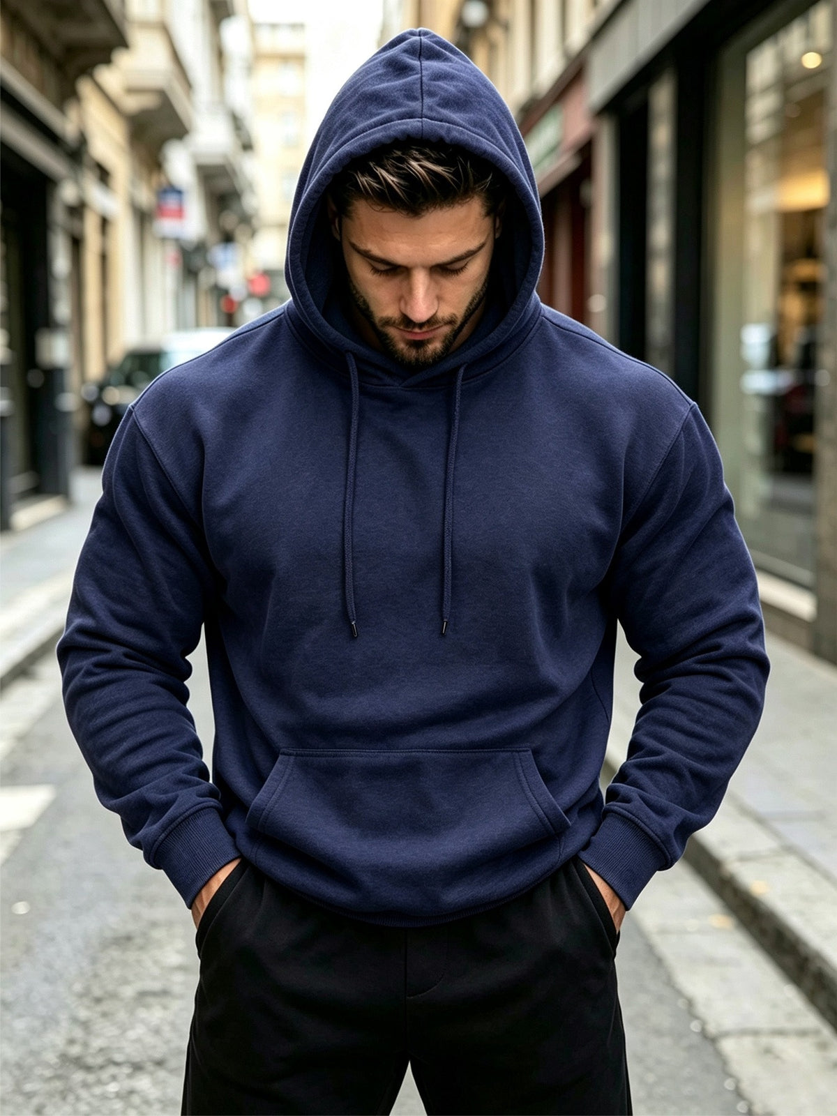 3pcs Men'S Solid Color Hooded Sweatshirt Set, Regular Fit, Drawstring Pullover Top, Fleece Lined, Warm And Comfortable, Elastic Soft, Casual Daily Home Wear, Suitable for Fall Winter Fashion Men'S Outfit - Navy blue + light gray + brown