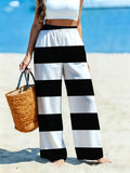 Women's Casual Wide-leg Pants with Contrasting Color Block Stripe Print, Suitable for Women Who Love Simple and Trendy Styles. Ideal for Beach Outings, Lounging at Home, and Friend Gatherings. [Print Design - No Texture] - Mixed colors
