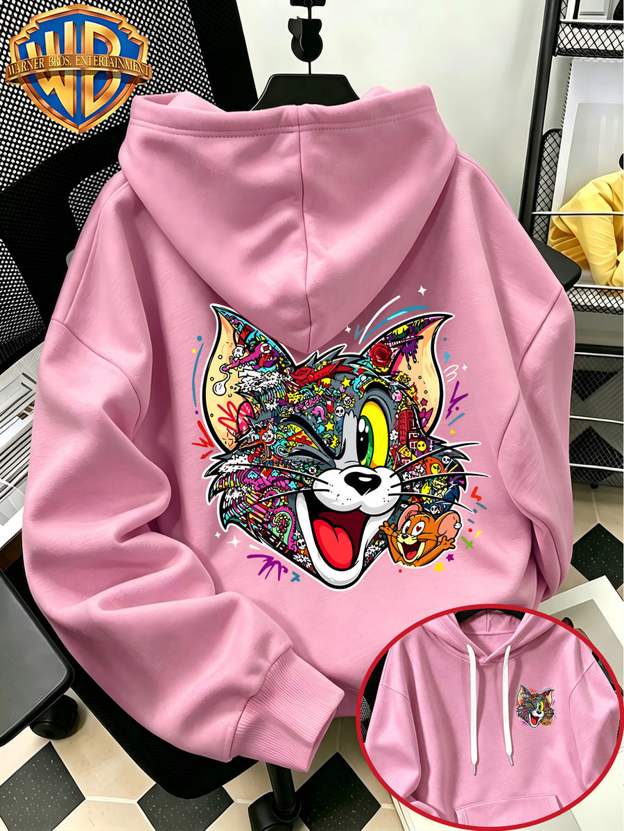 Autumn Winter Trendy Fashion Drawstring Pocket Hooded Men'S Sweatshirt, Multi-Color Graffiti Fun Cool Classic Mouse Cat Head Cartoon Print Design, Sporty Fashion Loose Hoodie, Casual Daily Wear, Trendy For, Suitable for Home And Outings, Unisex - Pink Color